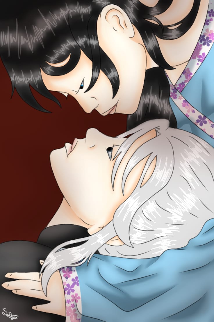 Desenho de um casal homossexual chines com roupas tradicionais, trocando um olhar apaixonado