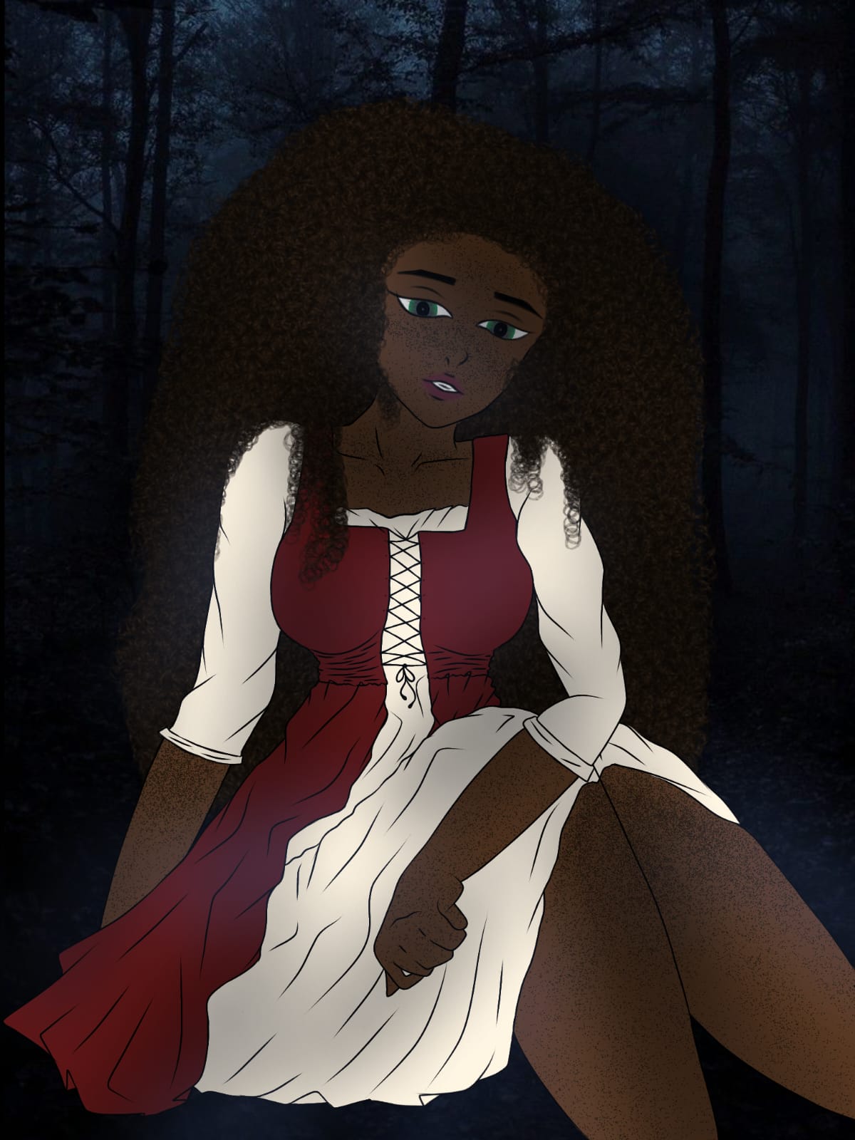 Desenho de um personagem feminino com roupas medievais rasgadas, sentada na floresta escura, com um olhar triste e melancólico
