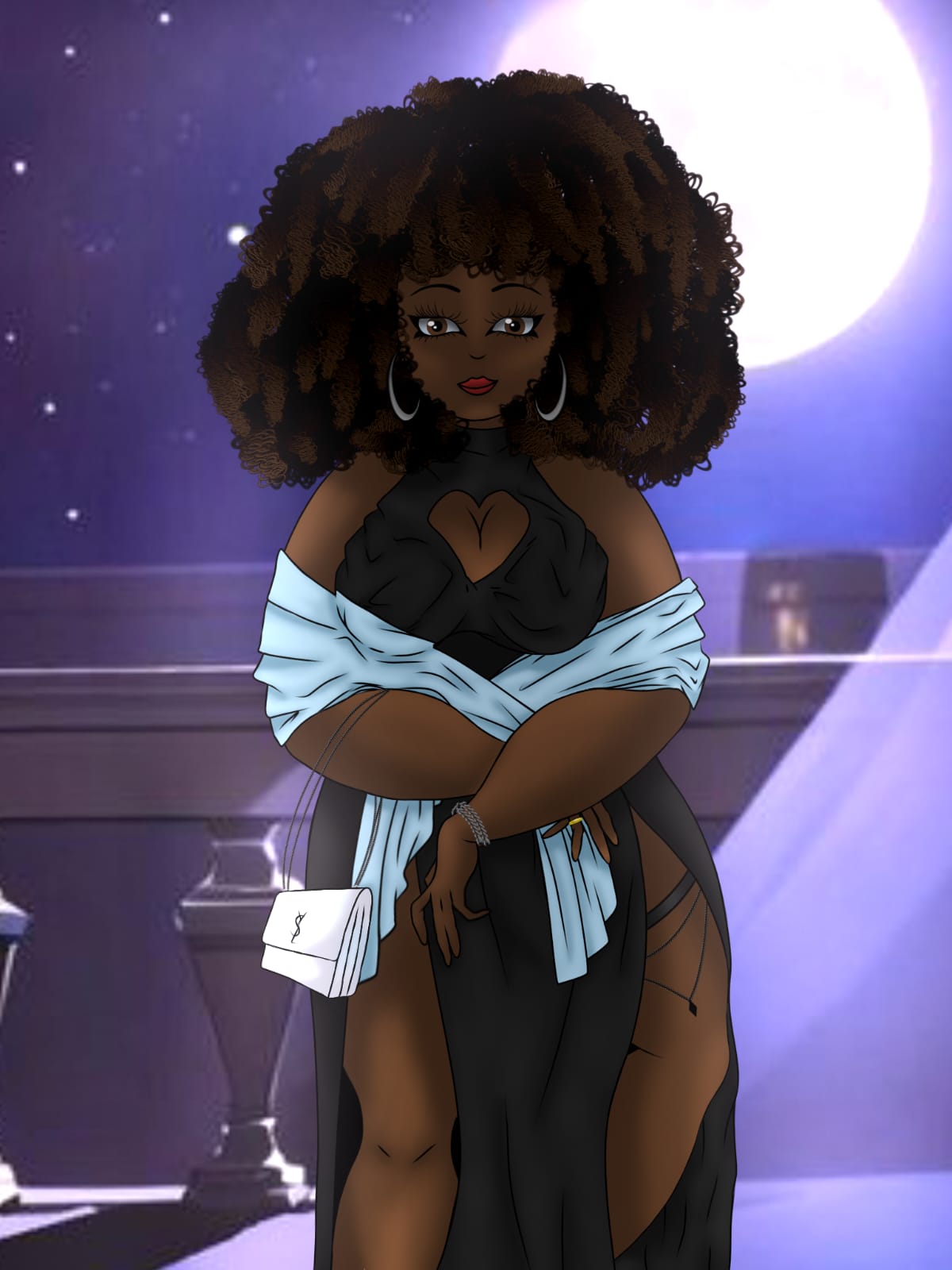 Mulher de cabelos longos, crespos e pretos, usando um vestido preto com duas fendas e um chale branco
