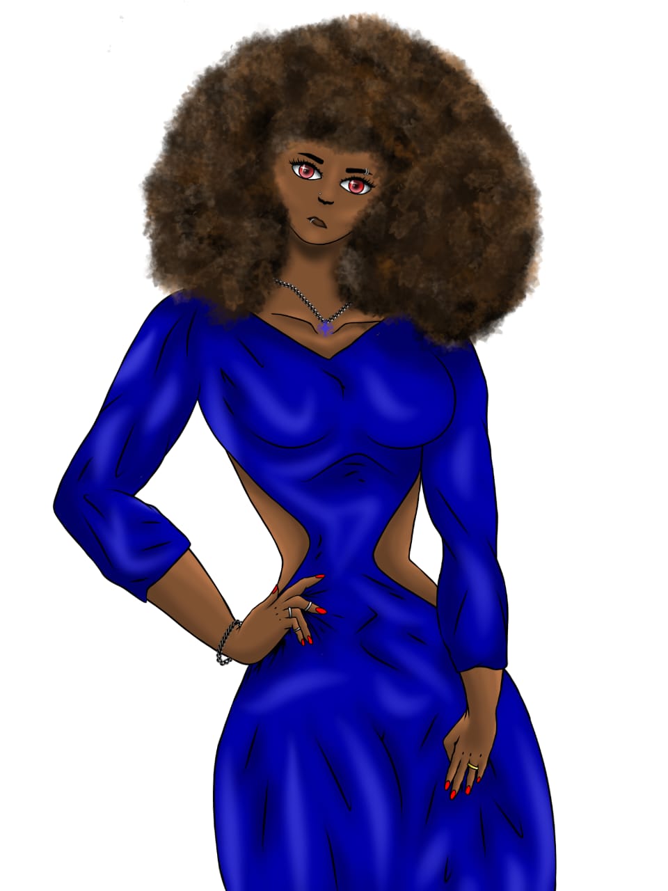 Mulher de cabelos longos, crespos e pretos com vestido azul