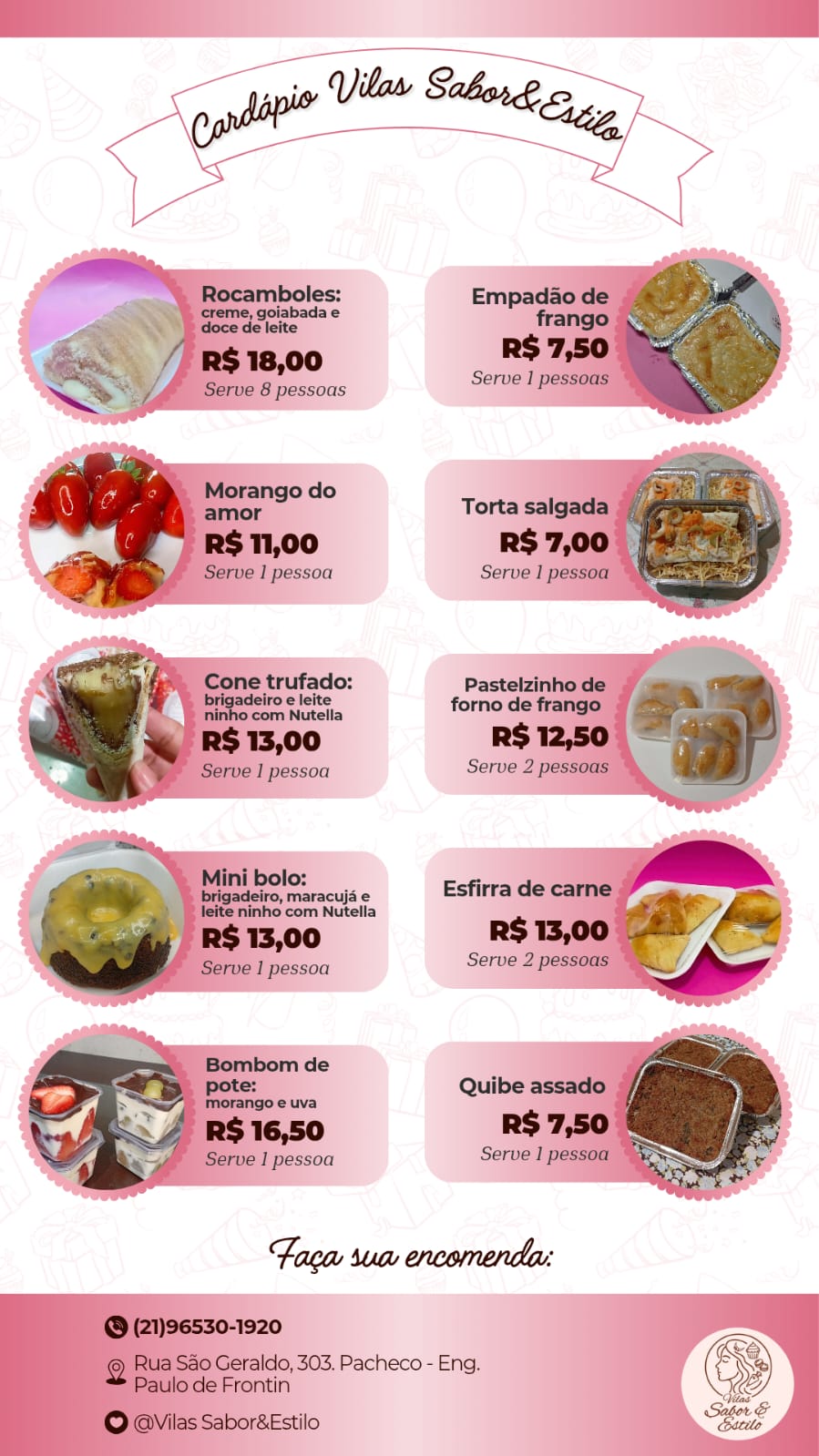 Cardápio do Vilas: Sabor&Estilo, com opções salgadas e doces